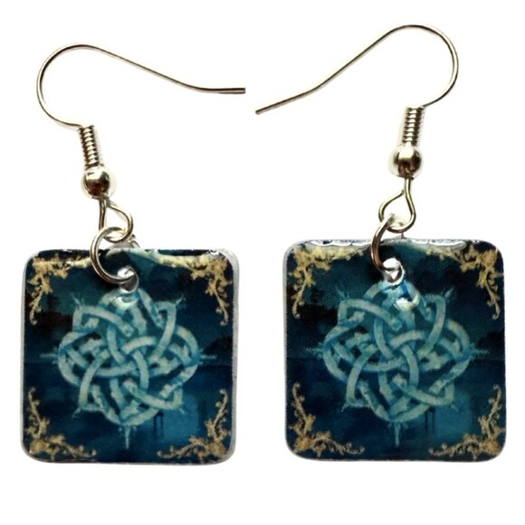 Celtic Knot Dangle Earrings, Blue Resin Square Design, Handmade Drop Style - Picture 1 of 3
